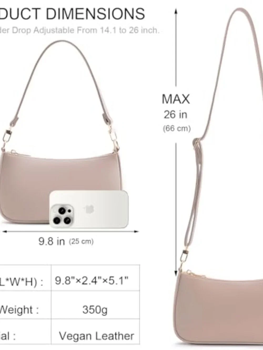 Vegan Leather Hobo Shoulder Bag Crossbody Purse Zipper Closure